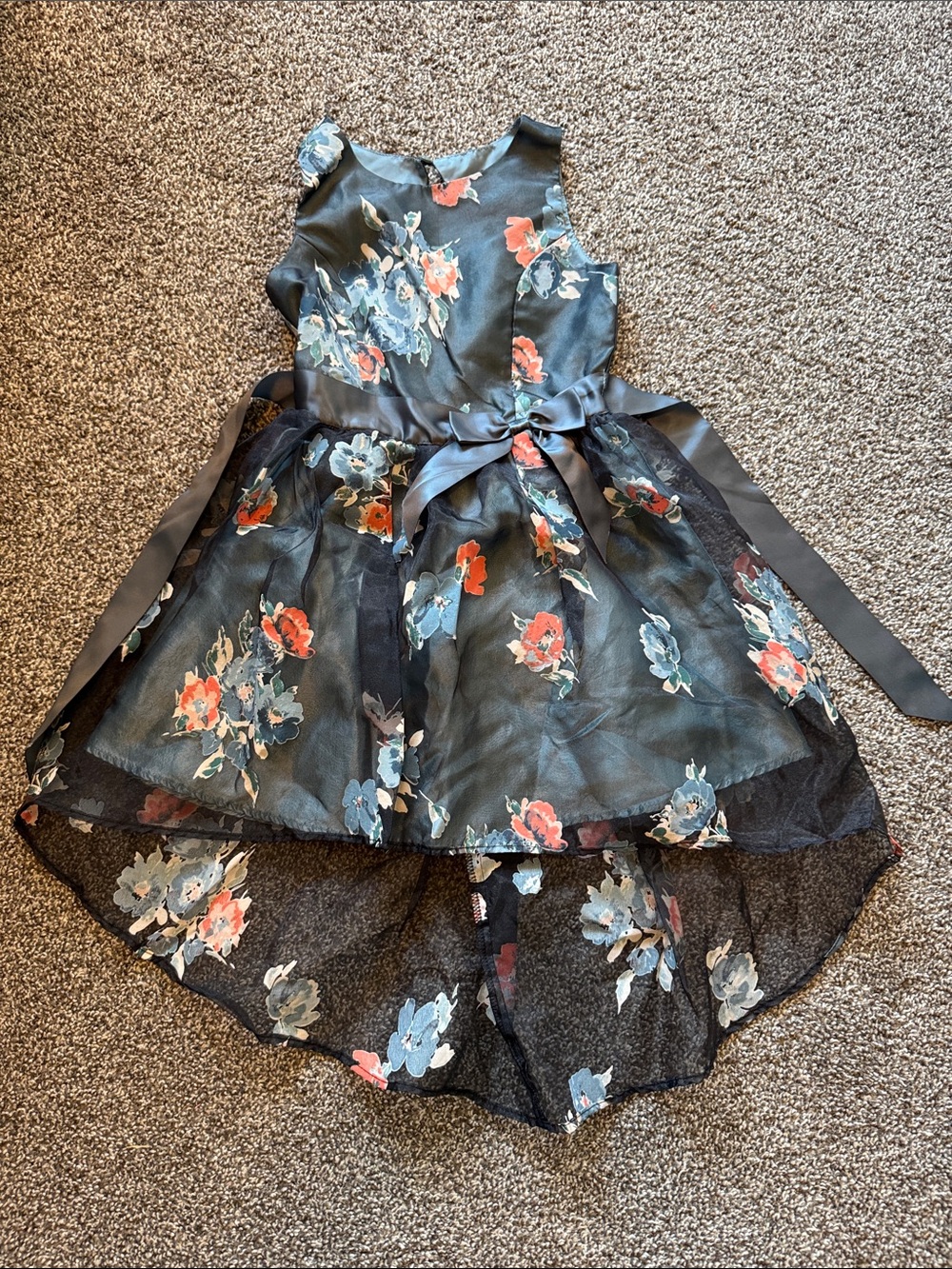 Zunie Black Floral High-Low Party Dress with Blue and Coral Flowers